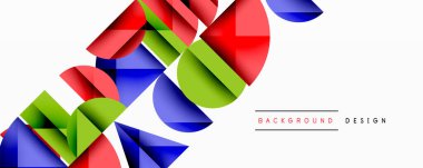 Soyut geometrik şekiller örtüşür, dinamik bileşim yaratır. Beyaz arka planda parlak renkler karşıtlığı. Modern tasarım ögesi.