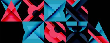 Soyut geometrik şekiller, canlı maviler, kırmızılar baskın gelir. Karmaşık kompozisyon, modern tasarım, şık bir sunum. Minimalist estetik, kalın renkler.