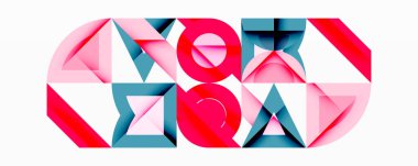 Soyut geometrik bileşim. Şekiller örtüşüyor, canlı pembe ve mavi renkler yaratıyor. Harfler tasarım ögesi oluşturur. Minimalist stil.