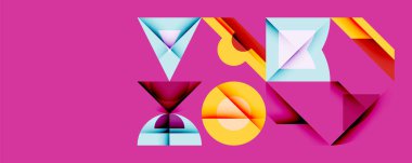 Soyut geometrik şekiller canlı pembe arka planla örtüşür. Bileşik özellikler üçgenler, eğriler, daireler, dinamik görsel efekt oluşturur.