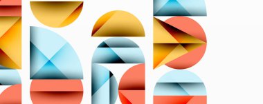 Soyut geometrik bileşim. Şekiller örtüşüyor, renkli desenler oluşturuyor. Minimalist tasarım, sıcak ve serin tonlarda. Modern estetik.