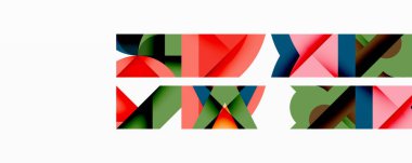 Soyut geometrik şekiller, canlı renkler, üst üste binen formlar dinamik bileşim oluşturur. Minimalist tasarım, modern estetik.