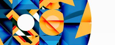 Soyut geometrik bileşim. Şekiller örtüşüyor, dinamik görsel ilgi yaratıyor. Mavi, turuncu, beyaz baskın palet. Modern tasarım.