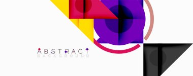 Soyut geometrik şekiller, canlı renkler, modern tasarım. Kompozisyon kareler, daireler, üçgenler, üst üste binen elementler içerir. Minimalist estetik.