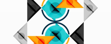 Soyut geometrik bileşim. Çemberler, üçgenler, kareler simetrik tasarım oluşturarak kesişir. Mavi, turuncu, gri tonlarda baskın. Minimalist stil.