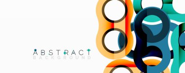 Modern geometrik tasarım. Üst üste binen daireler, kareler canlı desenler oluşturur. Minimalist tarzda, tarafsız bir arka plan. Temiz çizgiler, renkli kompozisyon.