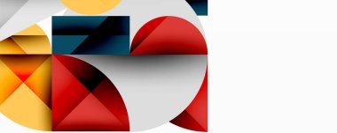 Soyut geometrik bileşim. Şekiller örtüşüyor, dinamik görsel ilgi yaratıyor. Kırmızı, gri, sarı renkler dizayna hakim..