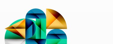 Soyut geometrik şekiller örtüşür ve canlı bir bileşim yaratır. Teal, turuncu, mavi renkler minimalist tasarıma hakim. Temiz çizgiler biçimleri tanımlar.