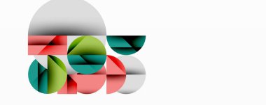 Üst üste binen yarım daireler içeren soyut bir kompozisyon. Renkler kırmızı, yeşil, deniz mavisi, beyaz, gri. Minimalist tasarım, temiz estetik.