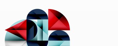 Soyut geometrik şekiller çakışıyor. Kırmızı, mavi, cyan renkleri kompozisyona hakim. Minimalist tasarım, temiz çizgiler modern estetik sunar.