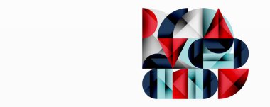 Soyut geometrik şekiller örtüşür, karmaşık bileşimler yaratır. Kırmızı, mavi, gri tonlar tasarımda baskın. Minimalist stil.