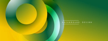 Soyut geometrik tasarım üst üste binen daireler, değişken renkler içerir. Sarı, yeşil renkler dinamik görsel efekt yaratır. Modern biçim.