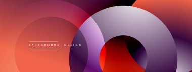 Soyut gradyan katmanlar dinamik dairesel şekiller yaratır. Sıcak kırmızılar serin morlara karışıp modern tasarım elementini oluşturur..