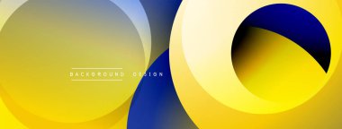 Soyut sarı, mavi katmanlar dinamik görüntü yaratır. Üst üste binen daireler hareket ve derinlik gösteriyor. Metin arka plan tasarımı okur. Modern estetik.