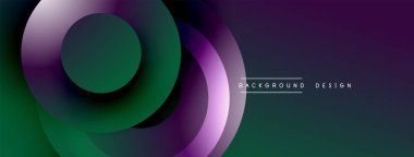 Soyut geometrik bileşim. Üst üste binen daireler dinamik değişim etkisi yaratır. Mor, yeşil renkler tasarımda baskın. Modern estetik.