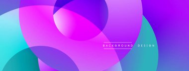 Soyut parlak daireler örtüşüyor, dinamik pembe, mor, turkuaz renkler yaratıyor. Arkaplan ve sunumlar için modern tasarım ögesi.