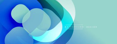 Soyut sıvı şekilleri kesişir. Mavi, deniz mavisi renkleri dizaynın baskın rengidir. Gradyan arka plan modern estetik yaratıyor. Mevcut en küçük metin.