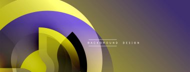 Soyut geometrik şekiller örtüşür, dinamik görsel efekt yaratır. Sarı, mor, siyah renkler kompozisyona hakim. Modern tasarım ögesi.