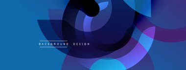 Soyut akışkan şekiller, canlı maviler, morlar dinamik bir zemin oluşturur. Modern tasarım elementleri hareket, derinlik.