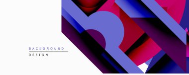 Soyut geometrik bileşim. Üst üste binen şekiller dinamik görsel efekt yaratır. Canlı morumsu, mor, mavi renkler dizaynda baskın. Modern estetik arka planlar için uygundur.