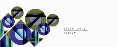 Soyut geometrik bileşim. Üst üste binen daireler, kareler dinamik görsel efektler yaratır. Mavi, yeşil renkler modern estetik sunarak tasarıma hükmediyor. Minimalist stil, temiz hatlar.