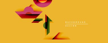 Soyut geometrik şekiller örtüşür, dinamik bileşim yaratır. Sıcak sarı zemin kırmızı, pembe ve yeşil katmanlarla tezat oluşturuyor. Arka planlar için modern tasarım ögesi.