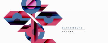 Soyut geometrik tasarım üst üste binen şekiller içerir. Mavi, pembe, mor renkler dinamik kompozisyon oluşturur. Minimalist tarz, modern estetik, temiz çizgiler görsel ilgi sunar.