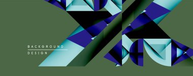 Soyut geometrik tasarım katmanlı şekiller, canlı maviler, deniz mavisi, zeytin arkaplanı üzerine koyu tonlar içerir. Modern estetik, dinamik bileşim, görsel doku.