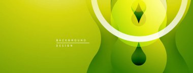 Soyut yeşil tasarım. Üst üste binen daireler, kıvrımlı çizgiler modern görsel efektler yaratır. Dereceli gölgeler derinlik ve doku sunar.