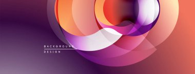 Soyut tasarım özellikleri üst üste binen daireler, gradyanlar. Mor, turuncu renkler modern görsel efektler yaratır. Yumuşak geçişler kompozisyona hakim..