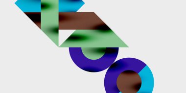 Soyut geometrik şekiller örtüşür, renkli kompozisyon oluşturur. Yumuşak gradyanlar mavileri, yeşillikleri, kahverengileri, morları harmanlarlar. Minimalist tasarım.