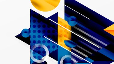 Soyut geometrik bileşim. Mavi, sarı renkler baskın. Şekiller çakışıyor, dinamik görsel etki yaratıyor. Modern tasarım elemanları.