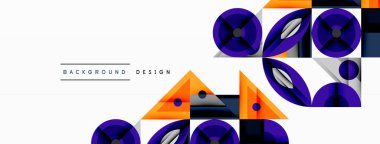 Soyut geometrik şekiller, canlı renkler, modern tasarım elementleri. Kompozisyonda üçgenler, daireler, üst üste binen formlar var. Temiz estetik.
