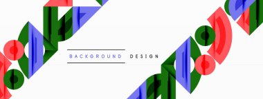 Soyut geometrik şekiller beyaz uzayda tekrar eder. Kırmızı, yeşil, mavi elementler dinamik görsel desen oluşturur. Basit tasarım.