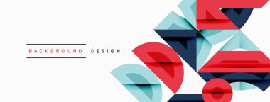 Soyut geometrik şekiller, kırmızı, mavi, beyaz. Metin elementli minimalist tasarım. Temiz kompozisyon, modern estetik..