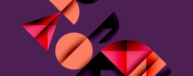 Soyut geometrik şekiller örtüşür, canlı renk zıtlıkları yaratır. Kırmızı, turuncu renkler mor arkaplana hakim. Modern tasarım.