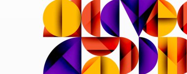Soyut geometrik şekiller örtüşüyor, canlı renk kalıpları yaratıyor. Turuncu, mor, kırmızı renkler kompozisyona hakim. Modern tasarım.