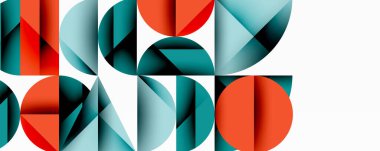 Soyut geometrik bileşim. Çemberler, üçgenler üst üste biniyor ve modern görsel desenler oluşturuyor. Teal, kırmızı renkler tasarıma hakim..