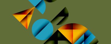 Soyut geometrik şekiller örtüşür, dinamik bileşim yaratır. Renkler arasında mavi, turuncu, deniz mavisi, siyah ve soluk yeşil arkaplan yer alıyor.