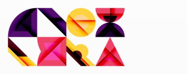 Soyut geometrik şekiller, canlı renkler, modern tasarım. Kompozisyonda üçgenler, daireler, üst üste binen formlar var. Minimalist estetik.