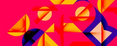 Soyut geometrik şekiller canlı pembe arkaplana hükmediyor. Turuncu, mor elementler dinamik bileşim oluşturur. Modern tasarım, kalın renkler.