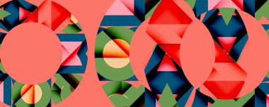 Soyut geometrik desen. Çemberler karmaşık şekillerle örtüşür, canlı renkler dinamik görsel doku yaratır. Modern tasarım ögesi.