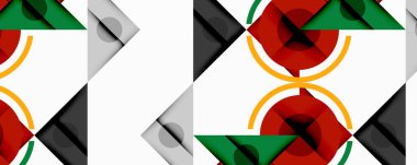 Soyut geometrik desen. Şekiller örtüşüyor, dinamik görsel ritim yaratıyor. Kırmızı, yeşil, gri, turuncu renkler baskın bileşim.