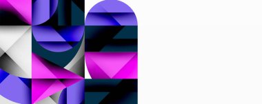 Soyut geometrik desen. Mor, mavi renkler kompozisyona hakim. Şekiller örtüşür ve dinamik görsel efekt yaratır. Minimalist tasarım.