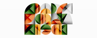 Soyut geometrik şekiller kelime tasarımını oluşturur. Renkler arasında yeşil, turuncu, bej, gri yer alıyor. Modern kompozisyon, temiz estetik..