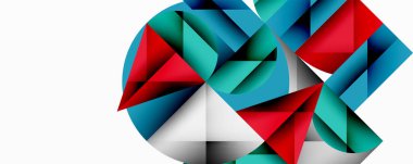 Soyut geometrik şekiller, üçgenler kompozisyona hakim. Kırmızı, deniz mavisi, beyaz renkler modern görsel etki yaratır. Minimalist tasarım.