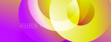 Soyut, enerjik tasarım, üst üste binen daireler. Gradyan renkler mor, pembe, sarı karışımı dinamik görsel efekt yaratır. Modern arkaplan.