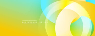 Soyut, enerjik bir arkaplan. Üst üste binen daireler dinamik görsel efekt yaratır. Sarı, yeşil, mavi renkler düzgün bir şekilde harmanlanır. Modern tasarım ögesi.