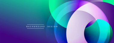Soyut eğim arkaplanı. Üst üste binen daireler dinamik görsel efekt yaratır. Mor, mavi, yeşil renkler kompozisyona hakim. Modern tasarım ögesi.