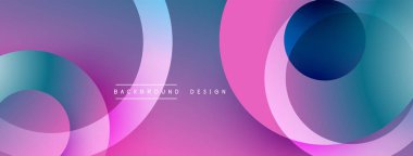 Soyut akışkan şekiller, canlı pembeler, maviler modern arka plan yaratır. Pürüzsüz eğimler, üst üste binen daireler dinamik bir hareketi işaret ediyor.